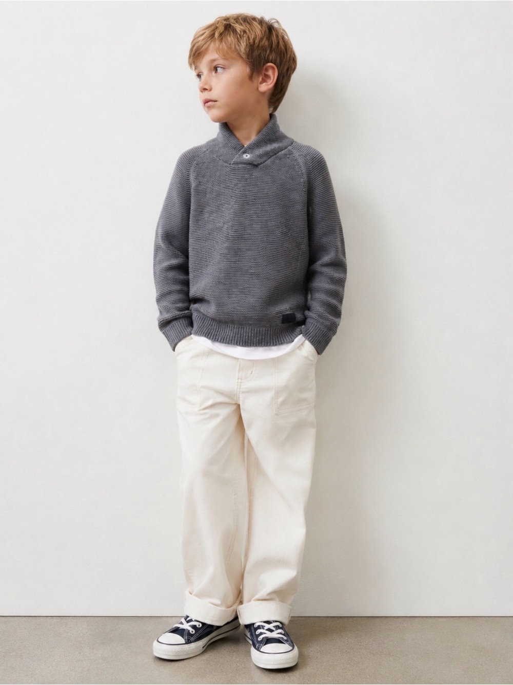 Zara Boys Dark Gray Shawl-Collar Knit Pullover